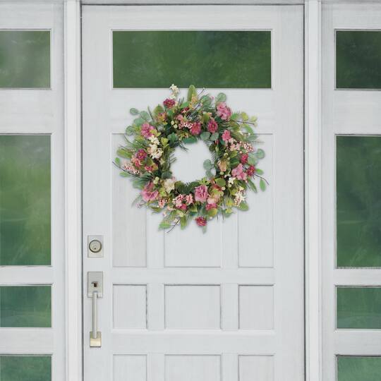 24" Pink Mum & Hydrangea Floral Spring Wreath